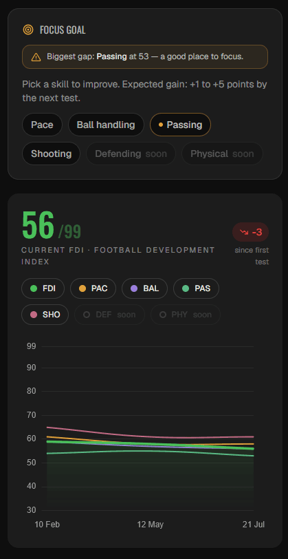 A player's focus goal and their FDI over three testing rounds, with a line per skill.